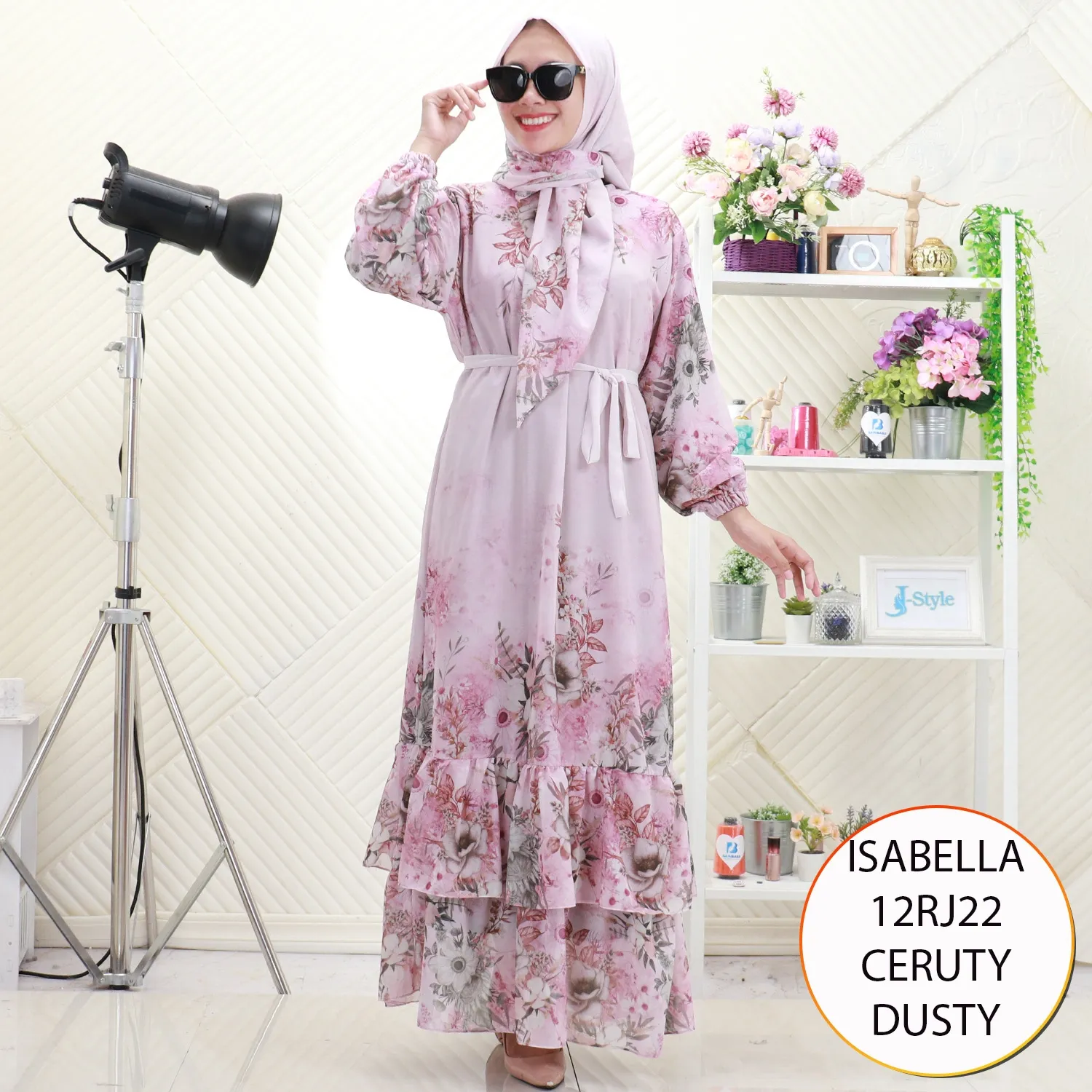 Isabella Gamis Set Hijab Wanita Muslimah Ceruty Motif Printing Busui Friendly Umpak Bawah Keliling