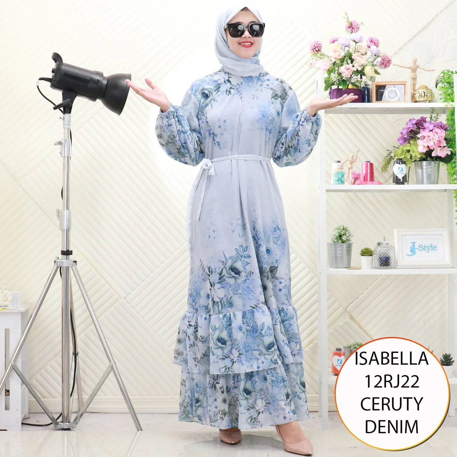 Isabella Gamis Set Hijab Wanita Muslimah Ceruty Motif Printing Busui Friendly Umpak Bawah Keliling