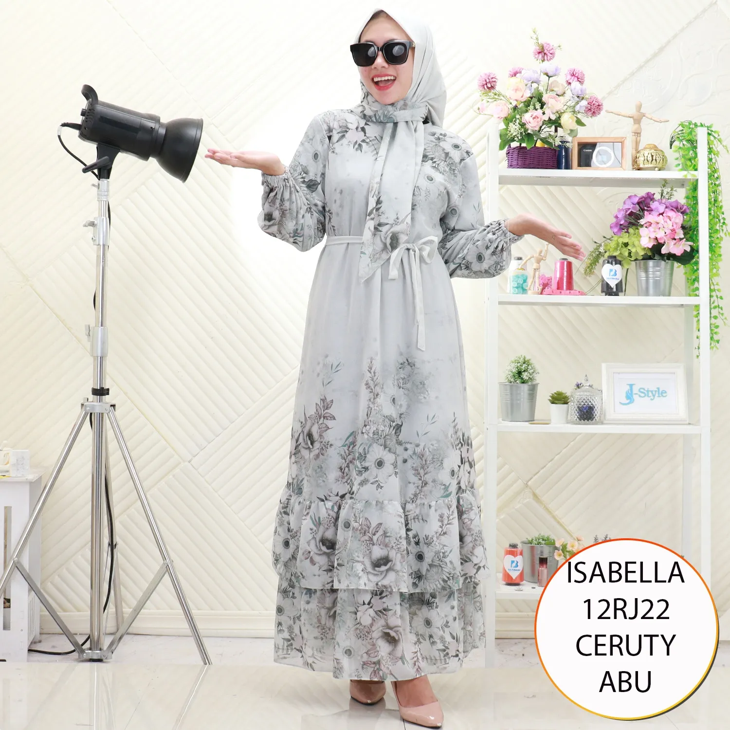 Isabella Gamis Set Hijab Wanita Muslimah Ceruty Motif Printing Busui Friendly Umpak Bawah Keliling