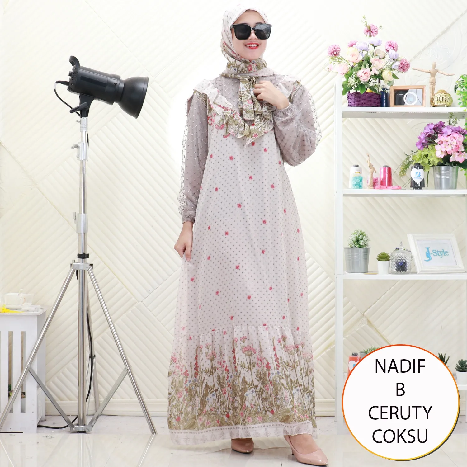 Nadif Gamis Set Hijab Wanita Muslimah Busui Sleting Ceruty Motif Printing Ruffel Depan