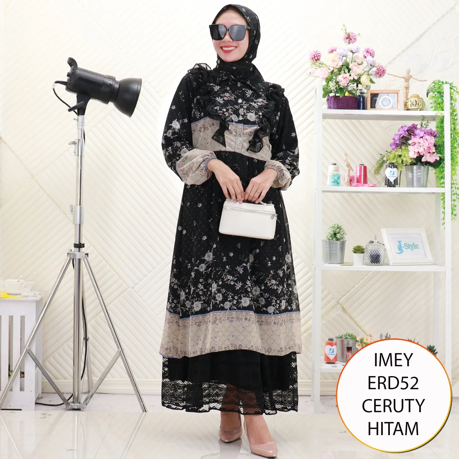 Imey Gamis Nedelin Set Hijab Ceruty Furing Motif Printing Busui Friendly