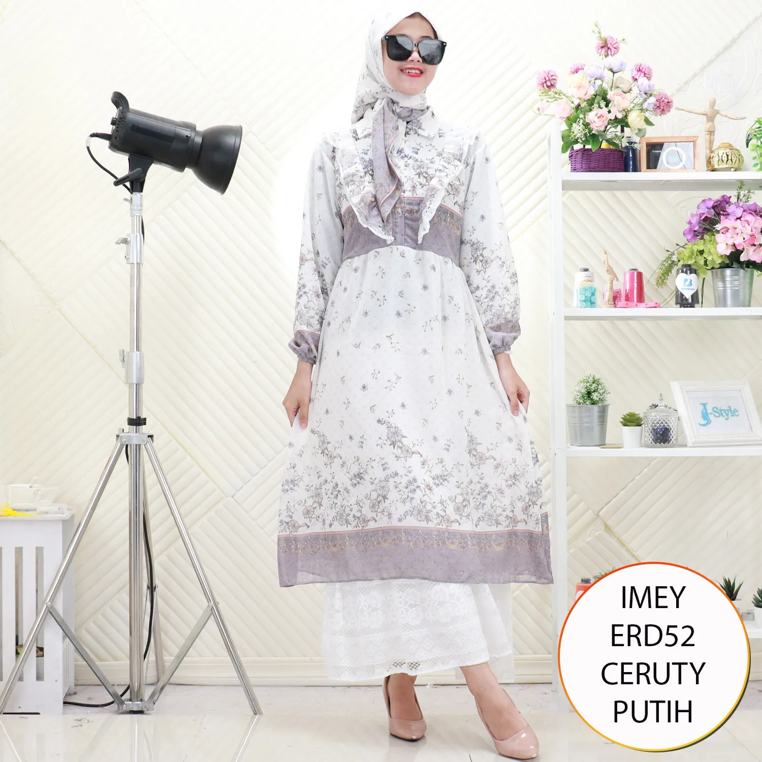 Imey Gamis Nedelin Set Hijab Ceruty Furing Motif Printing Busui Friendly