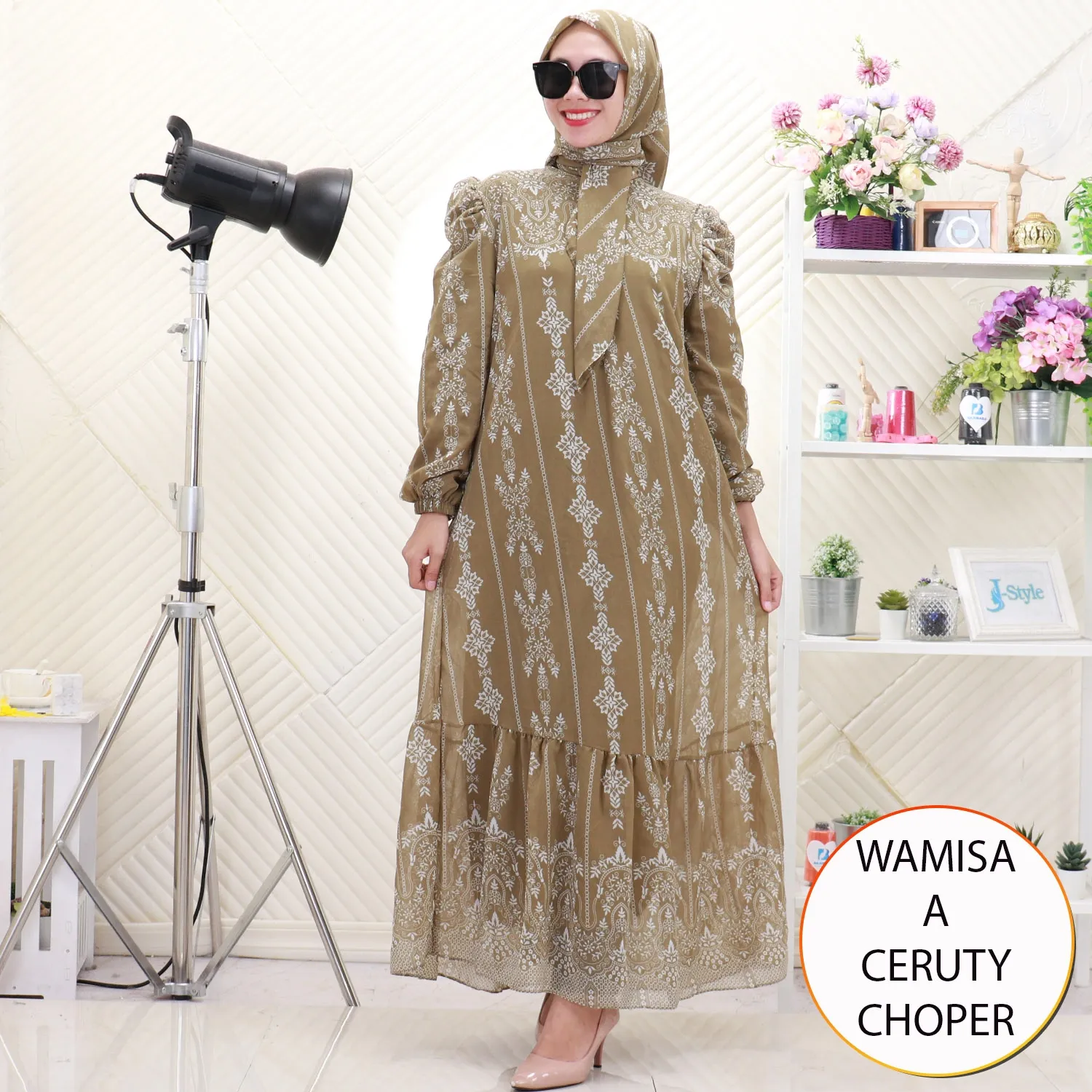 Wamisa Gamis Set Hijab Ceruty Motif Etnik Lengan Kerut Busui Friendly