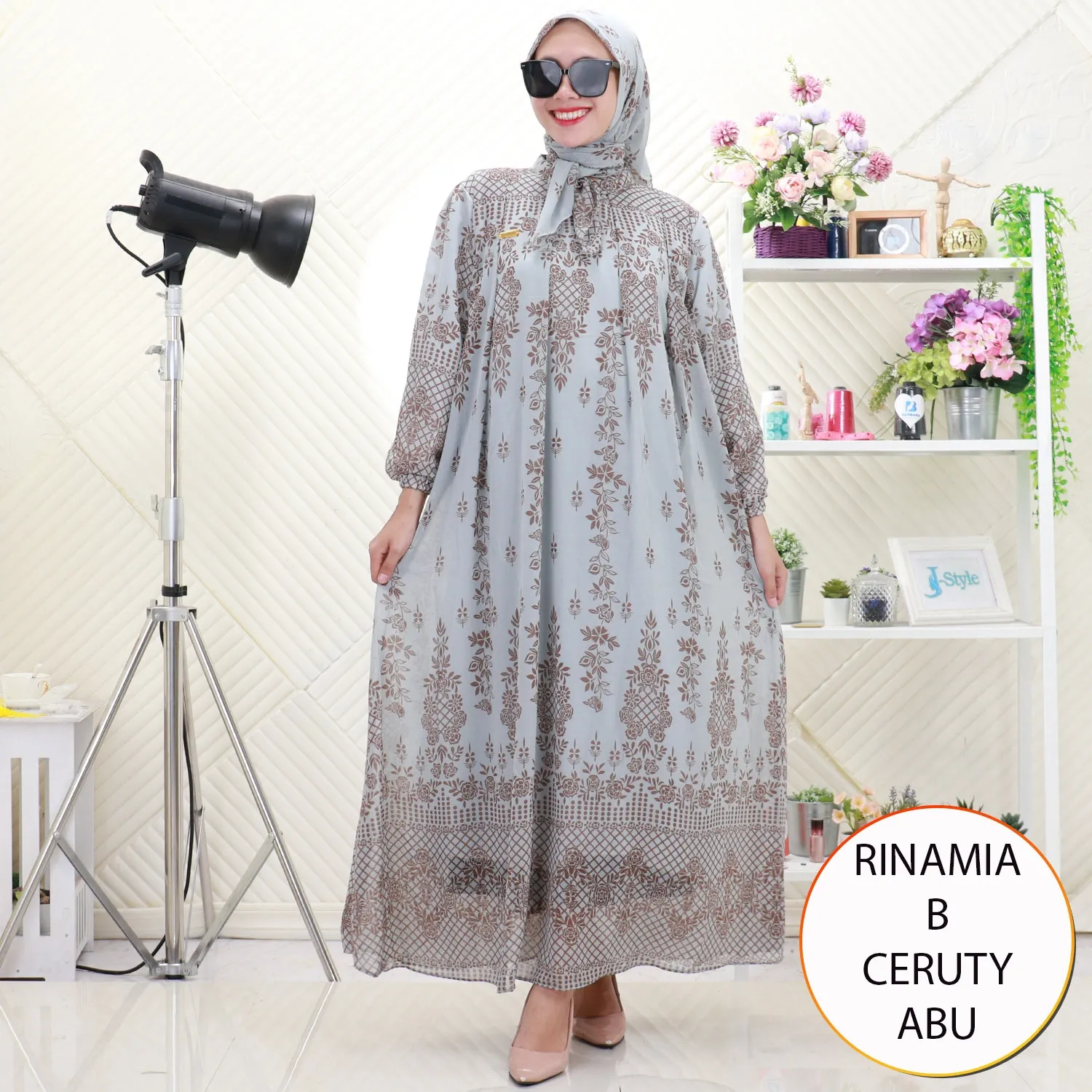 Rinamia Gamis Muslimah Set Hijab Ceruty Motif Printing