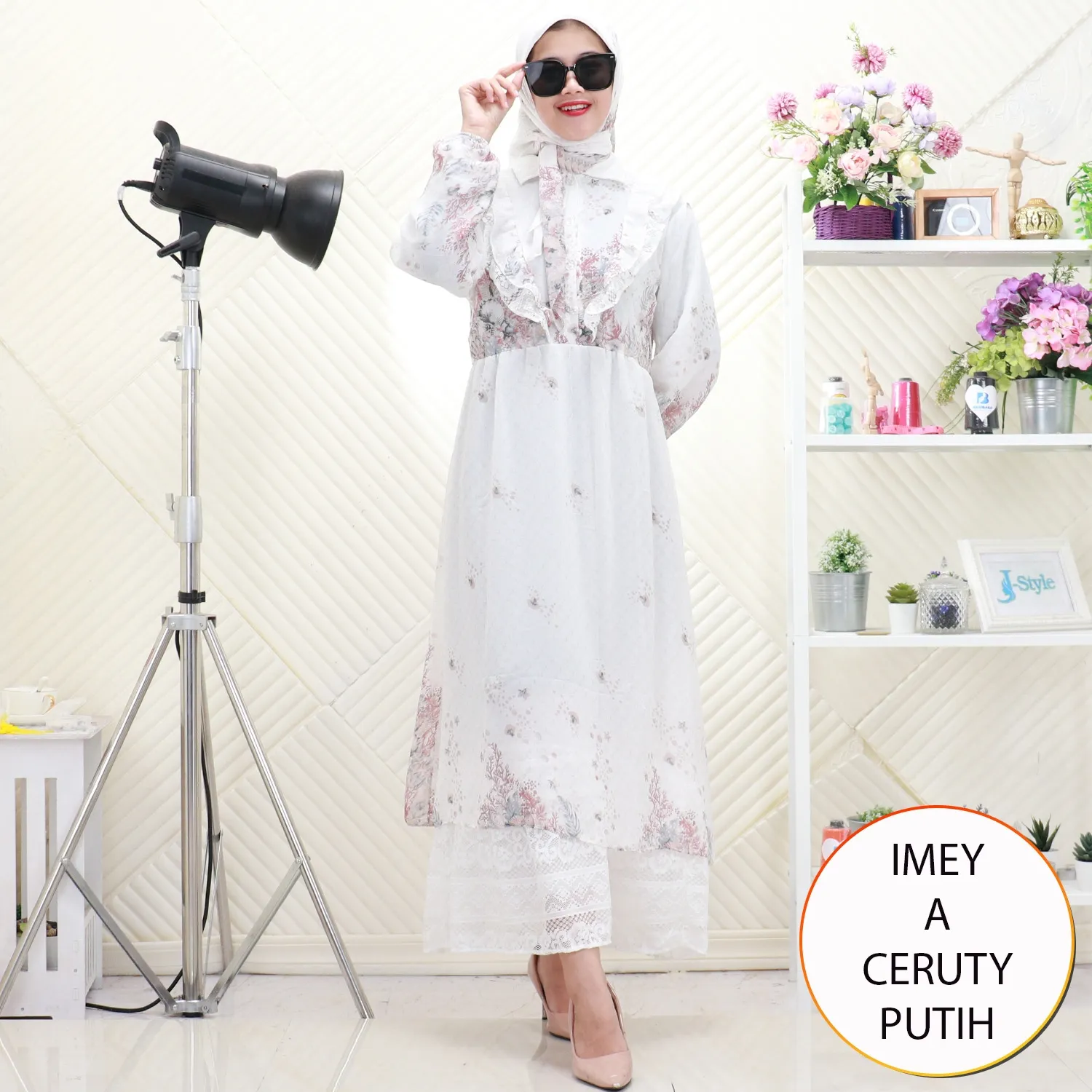 Imey Gamis Nedelin Set Hijab Ceruty Furing Motif Printing Busui Friendly