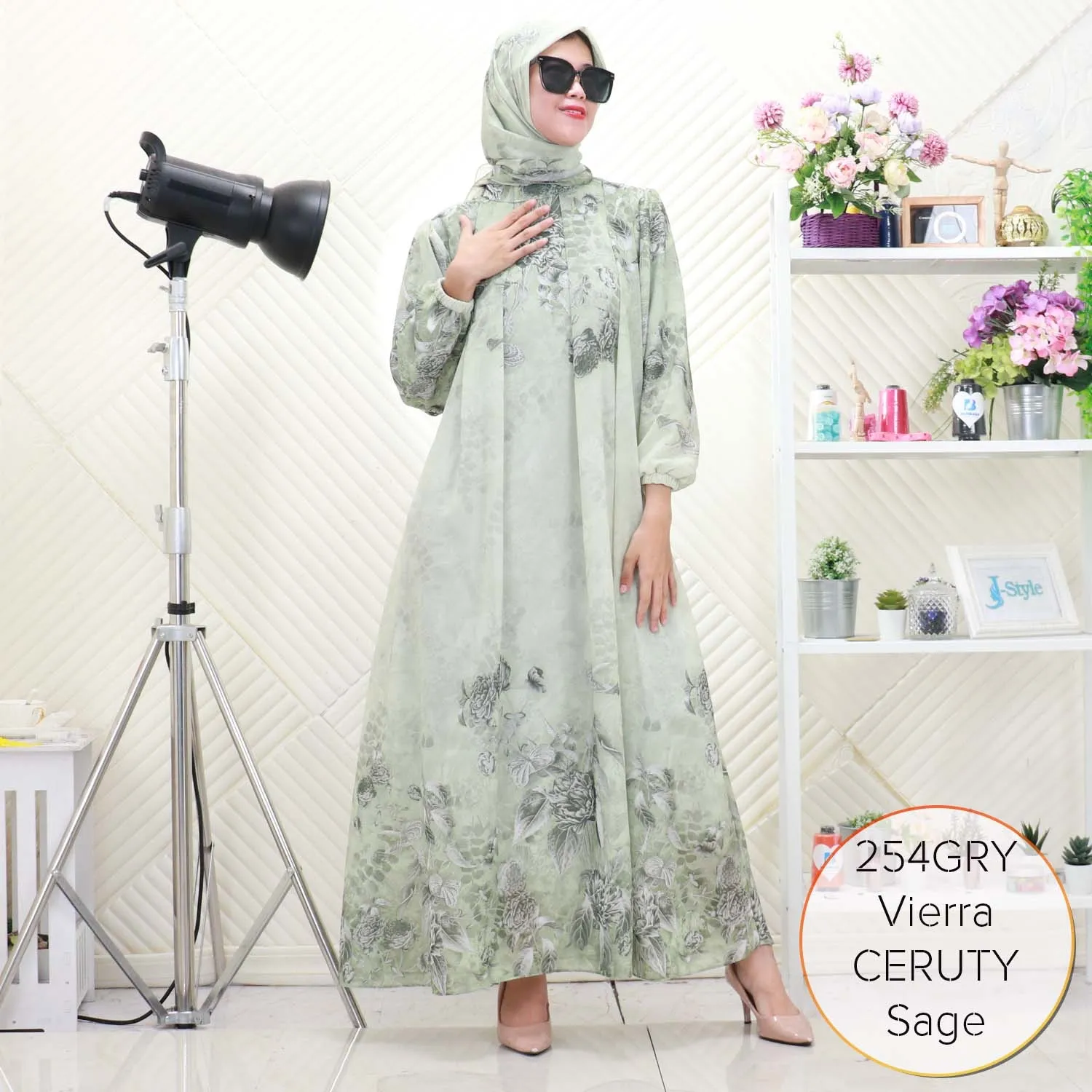 Vierra Gamis Set Hijab Ceruty Furing Motif Printing Lipit Depan