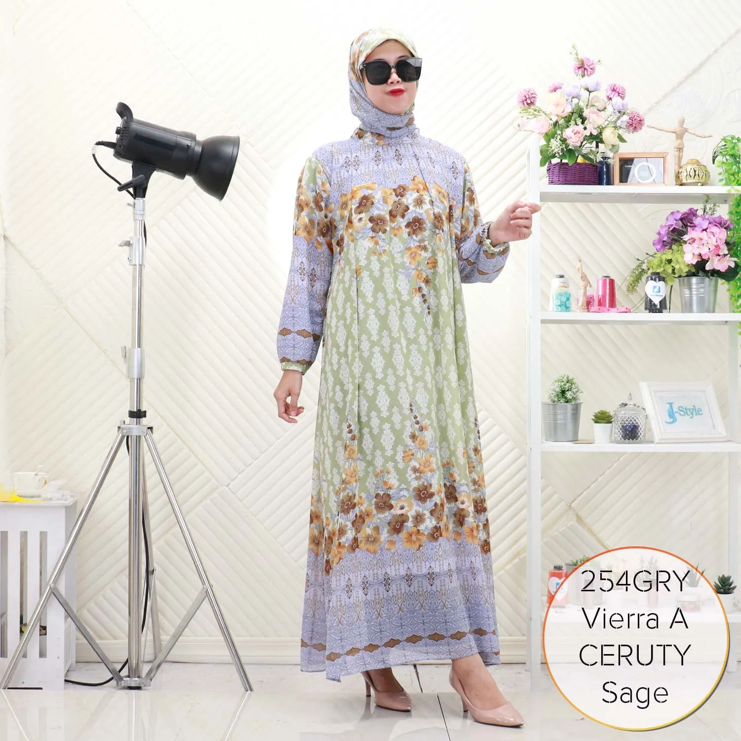 Vierra Gamis Set Hijab Ceruty Furing Motif Printing Lipit Depan