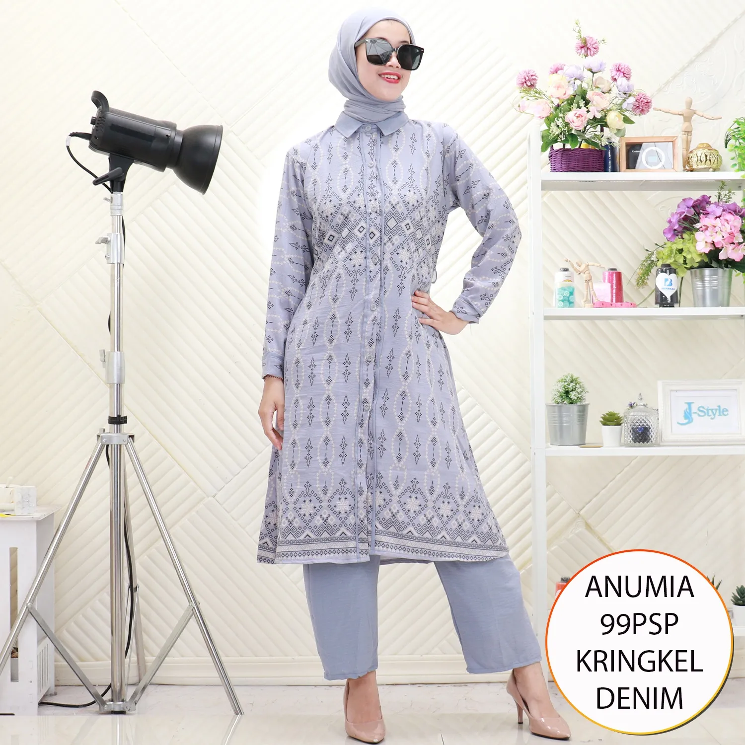 Anumia One Set Long Tunik Kringkel Full kancing Motif Etnik Printing