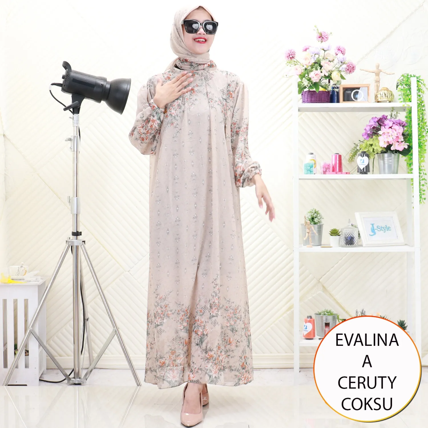 Evalina Gamis Set Hijab Ceruty Furing Motif Printing Lipit Depan