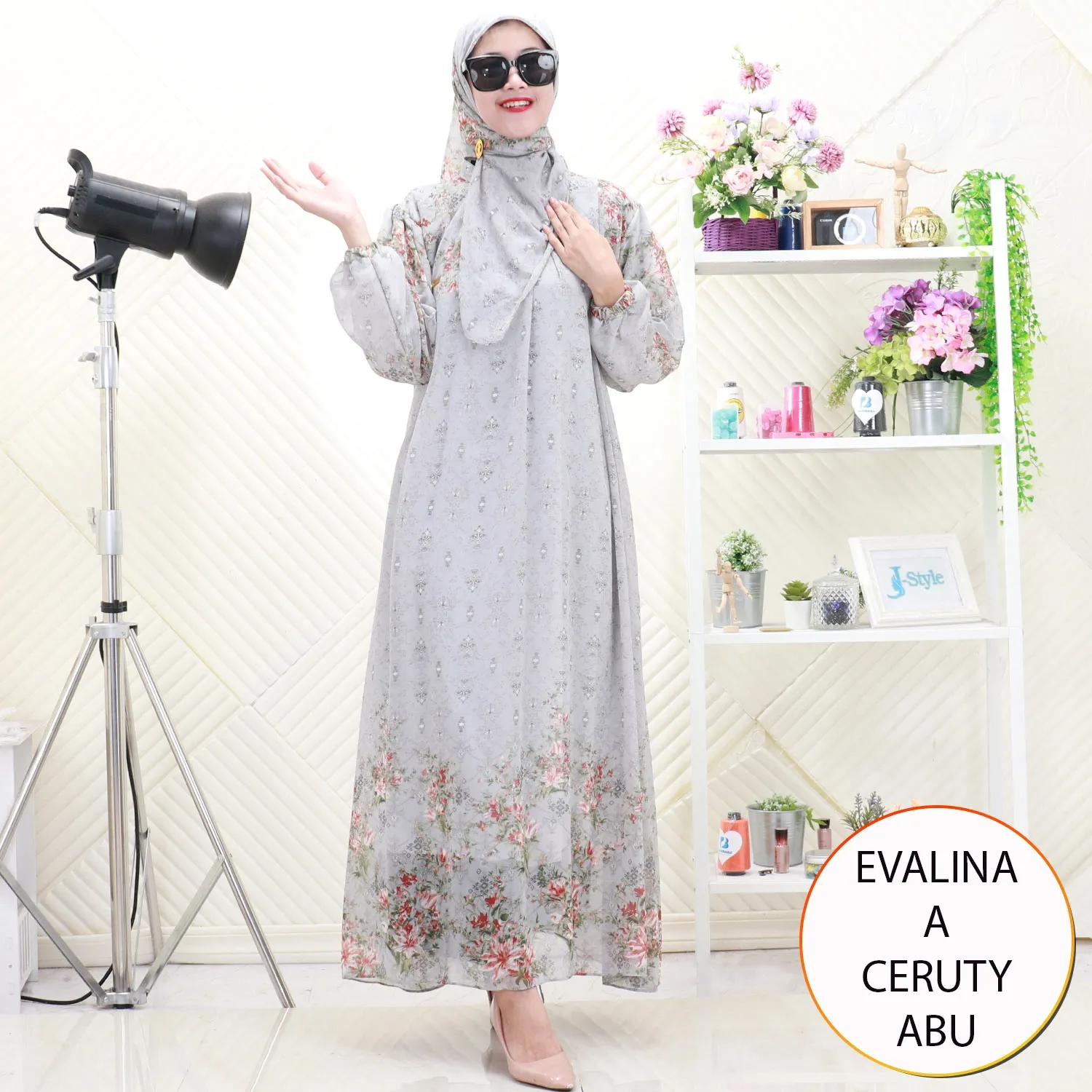 Evalina Gamis Set Hijab Ceruty Furing Motif Printing Lipit Depan