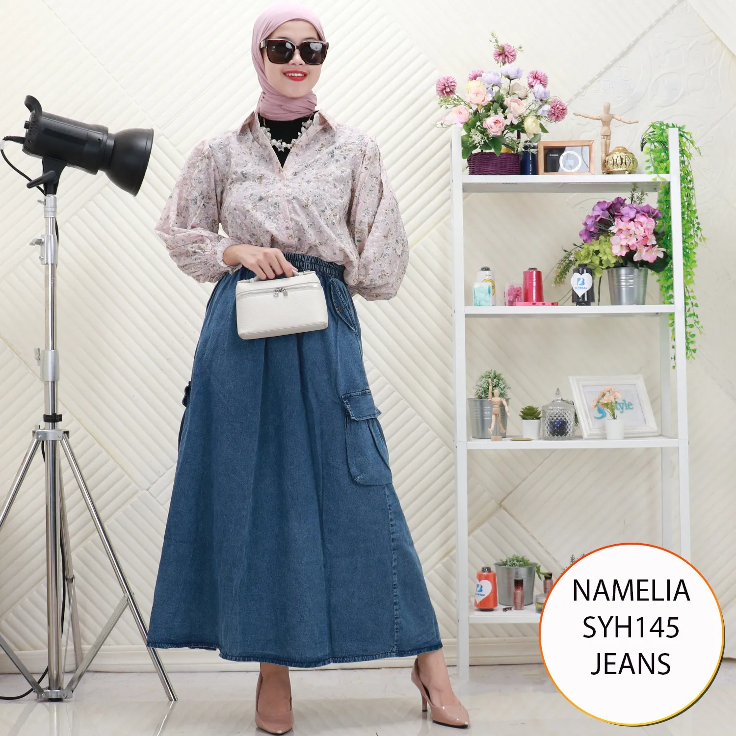 Namelia Rok Cargo Jeans Wanita Highwaist Saku Samping