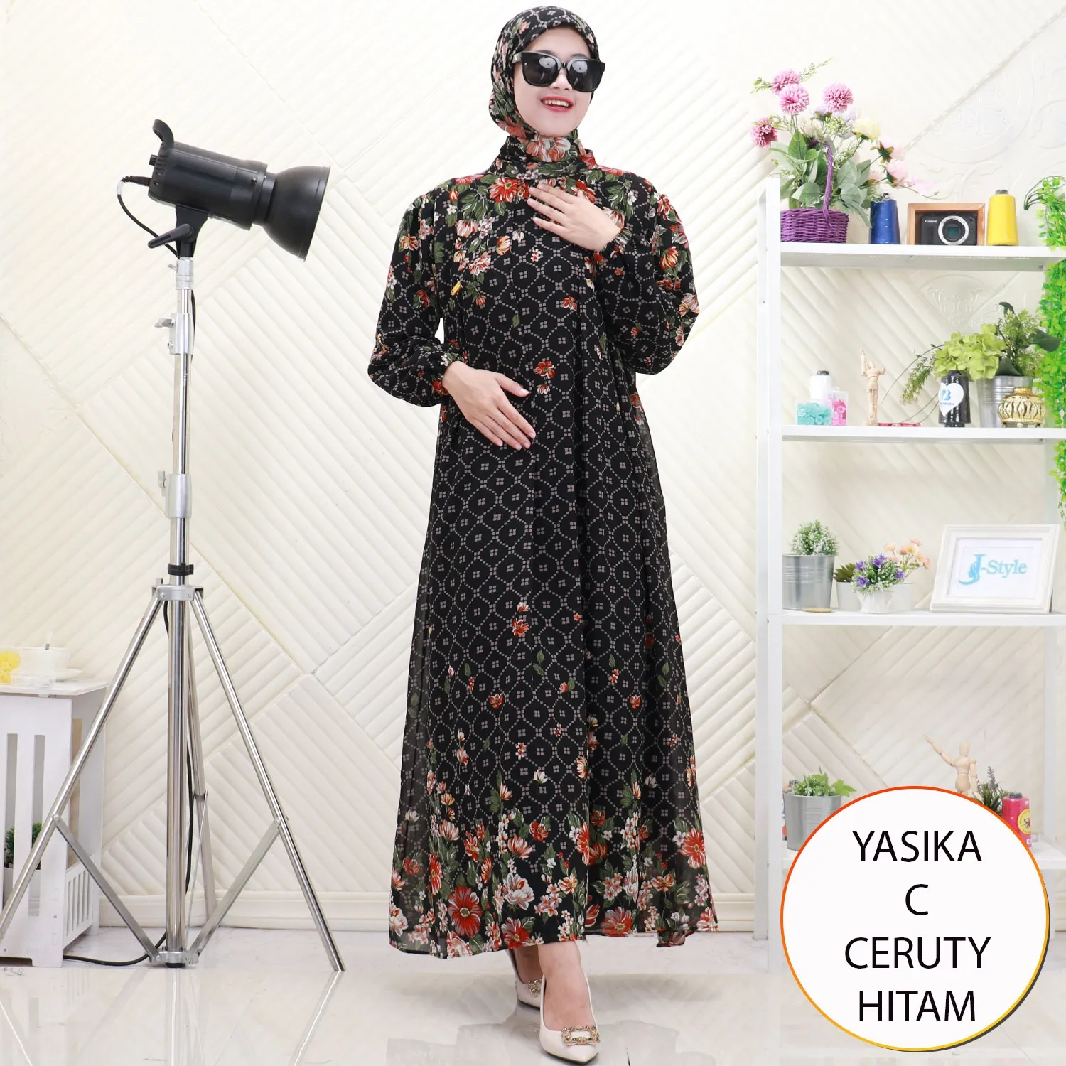 Gamis Ceruty Motif Busui Sleting Tangan Karet Yasika