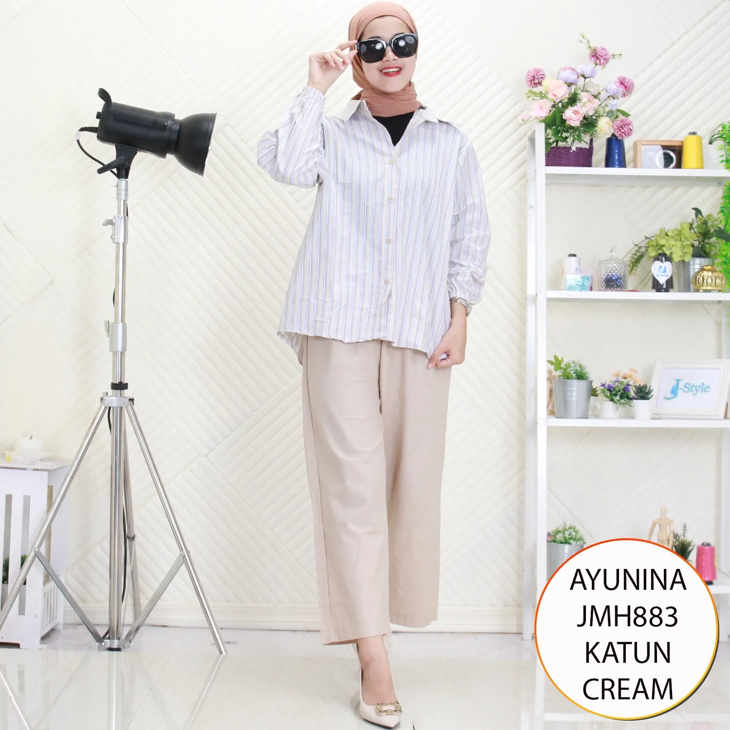 Ayunina  Setelan Katun Motif Garis Salur Ful Kancing Silang Belakang Lengan karet