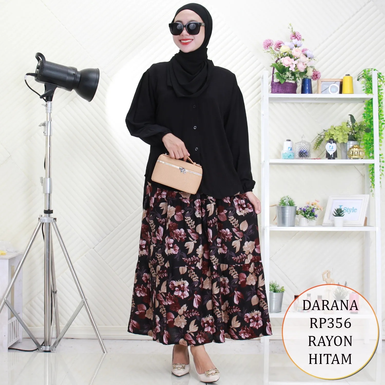 Darana Setelan Rok Bahan Rayon Motif Printing Ful Kancing Lengan Karet