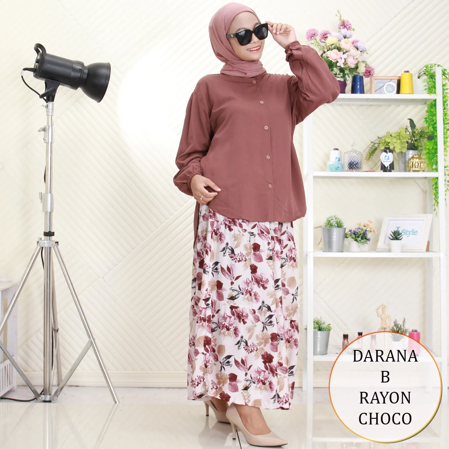 Darana Setelan Rok Bahan Rayon Motif Printing Ful Kancing Lengan Karet