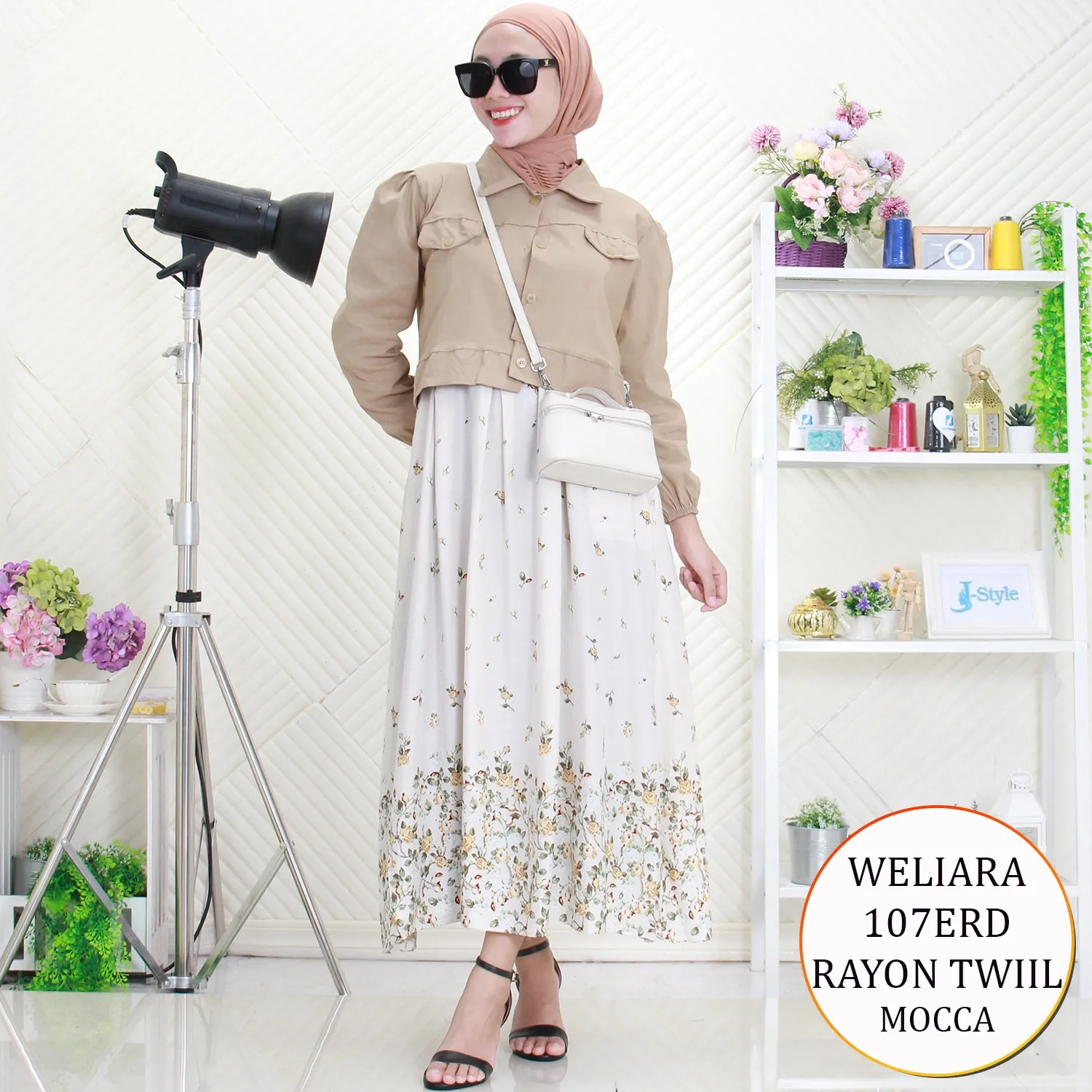 Weliara Midi Dress 2in1 Rayon Motif Mix Soft Jeans Variasi Saku