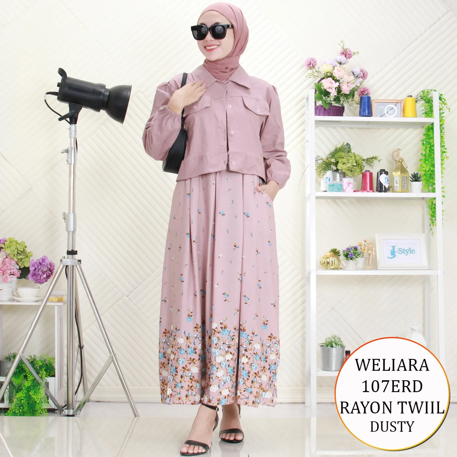 Weliara Midi Dress 2in1 Rayon Motif Mix Soft Jeans Variasi Saku