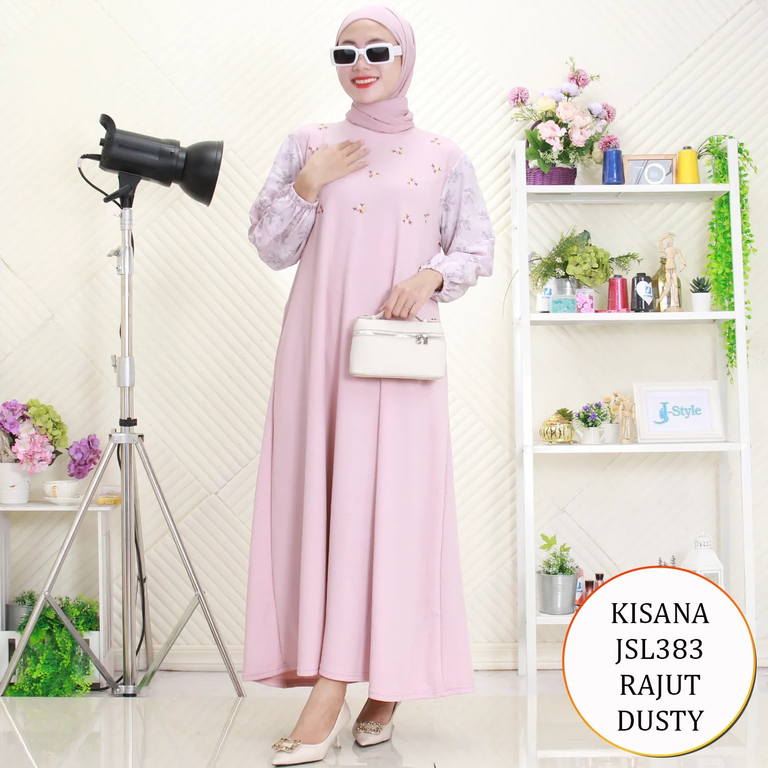 Kisana Gamis Rajut Bordir Depan Tangan Motif Lengan Karet Saku Kanan Kiri