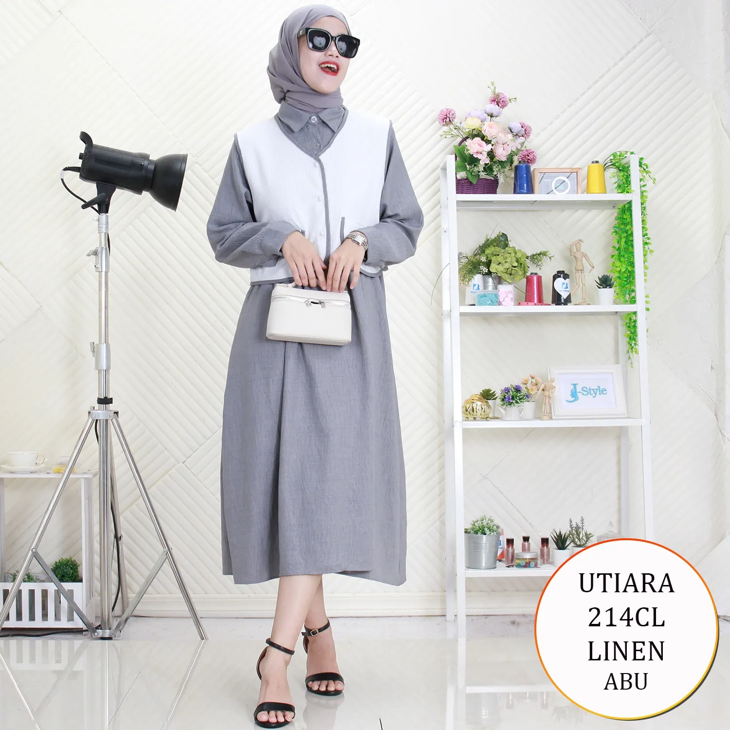 Utiara Midi Dress Linen Rompi Busui Kancing Variasi Saku