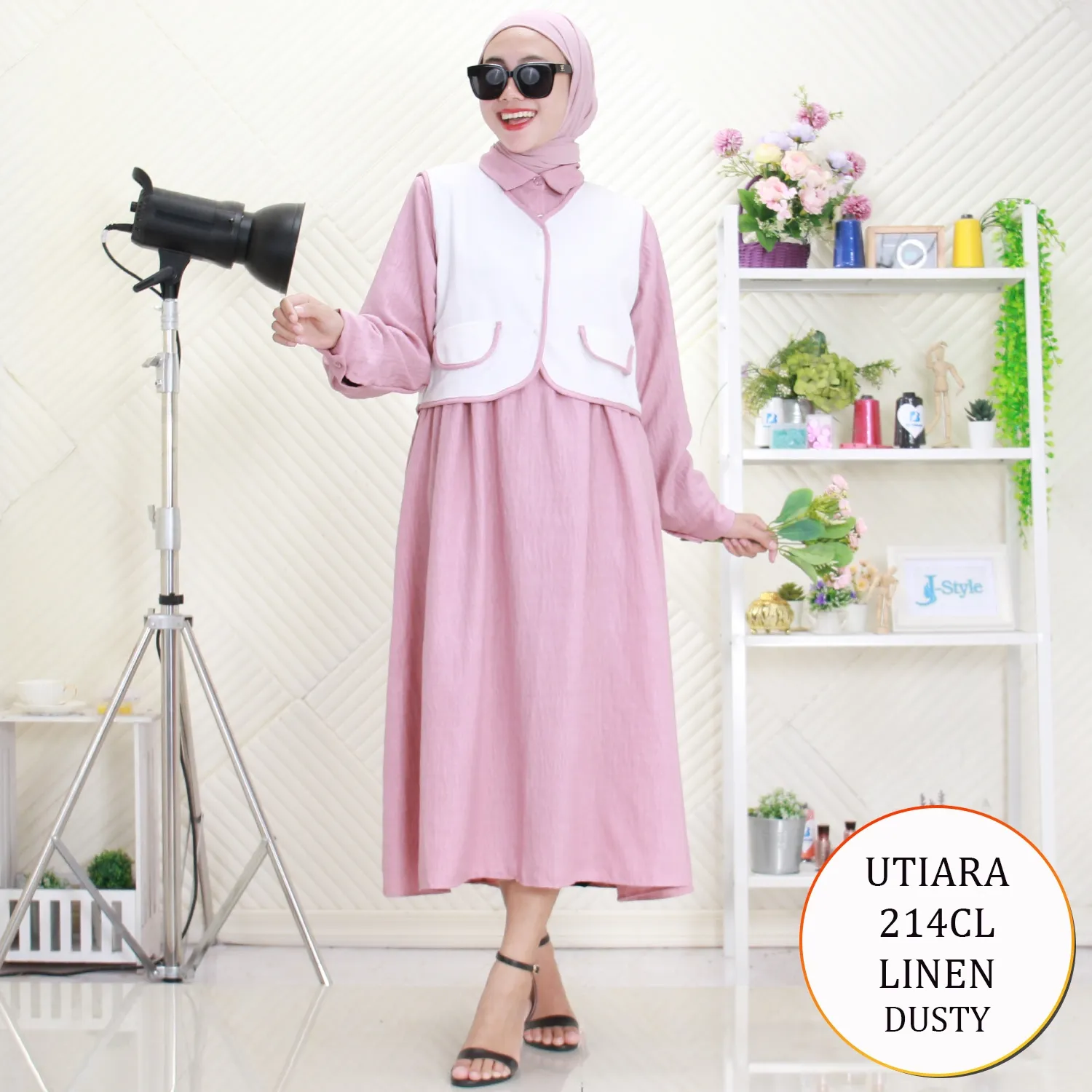 Utiara Midi Dress Linen Rompi Busui Kancing Variasi Saku