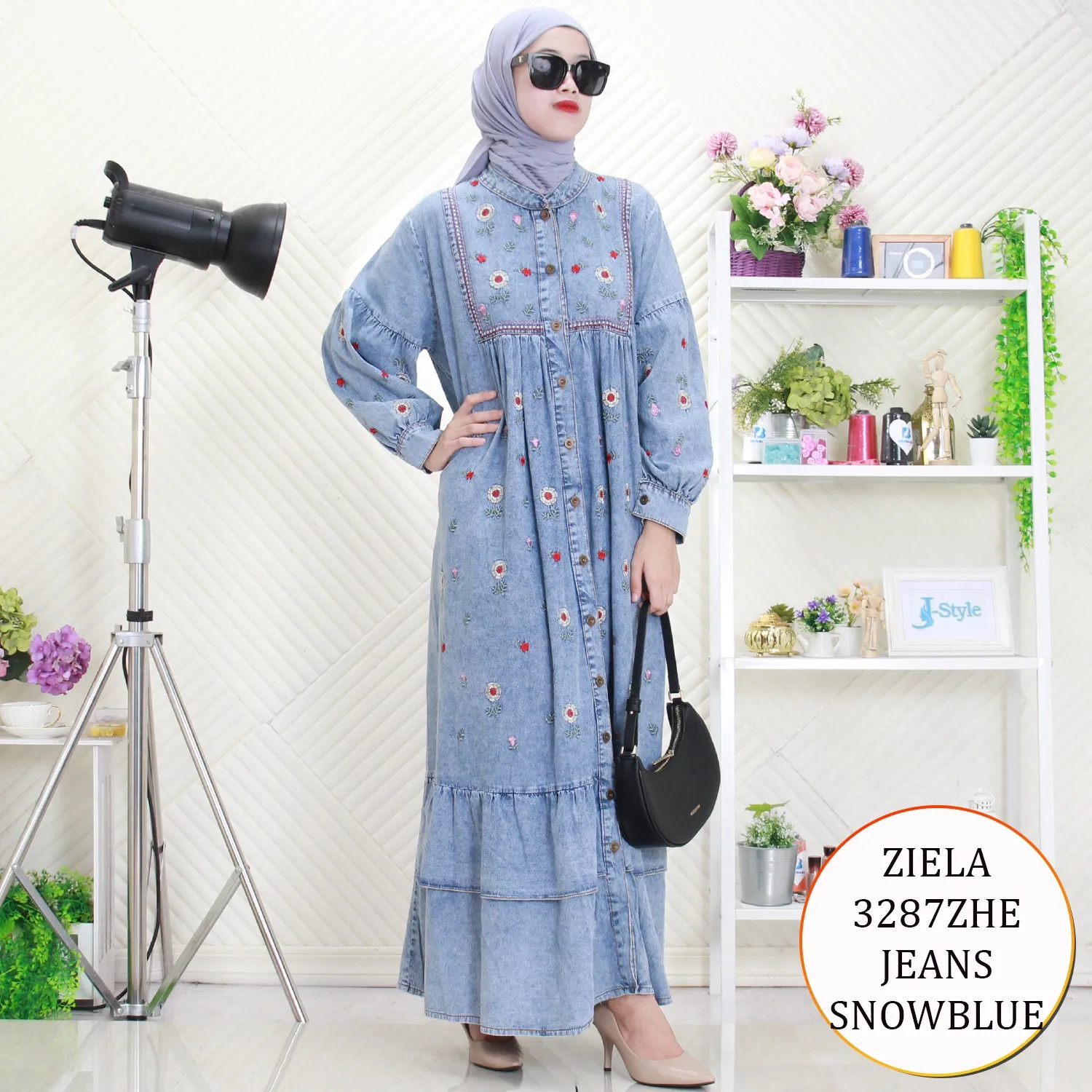 Ziela Gamis Jeans Motif Bordir Timbul Full Kancing