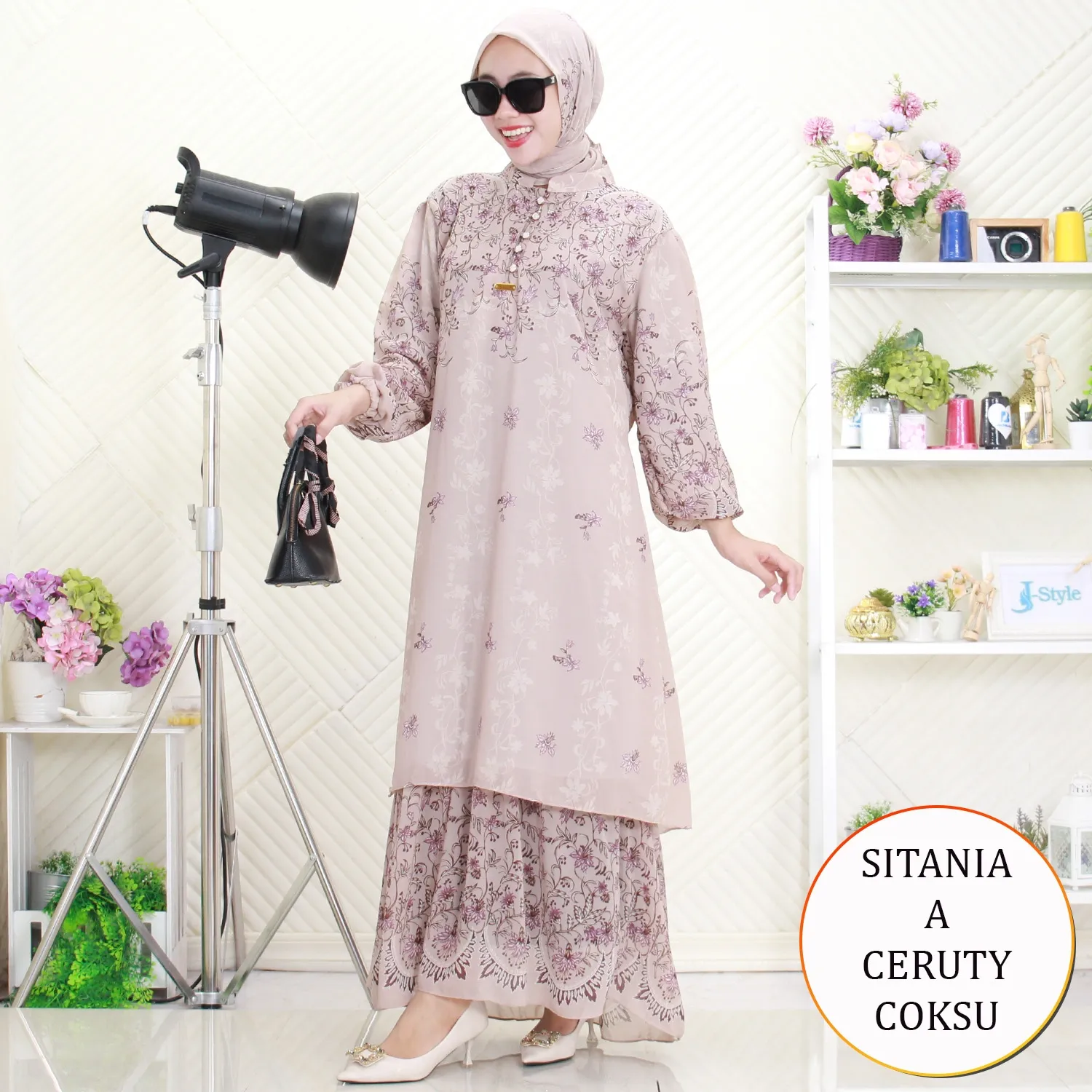 Sitania Gamis Ceruty Set Hijab Motif Printing Busui Kancing