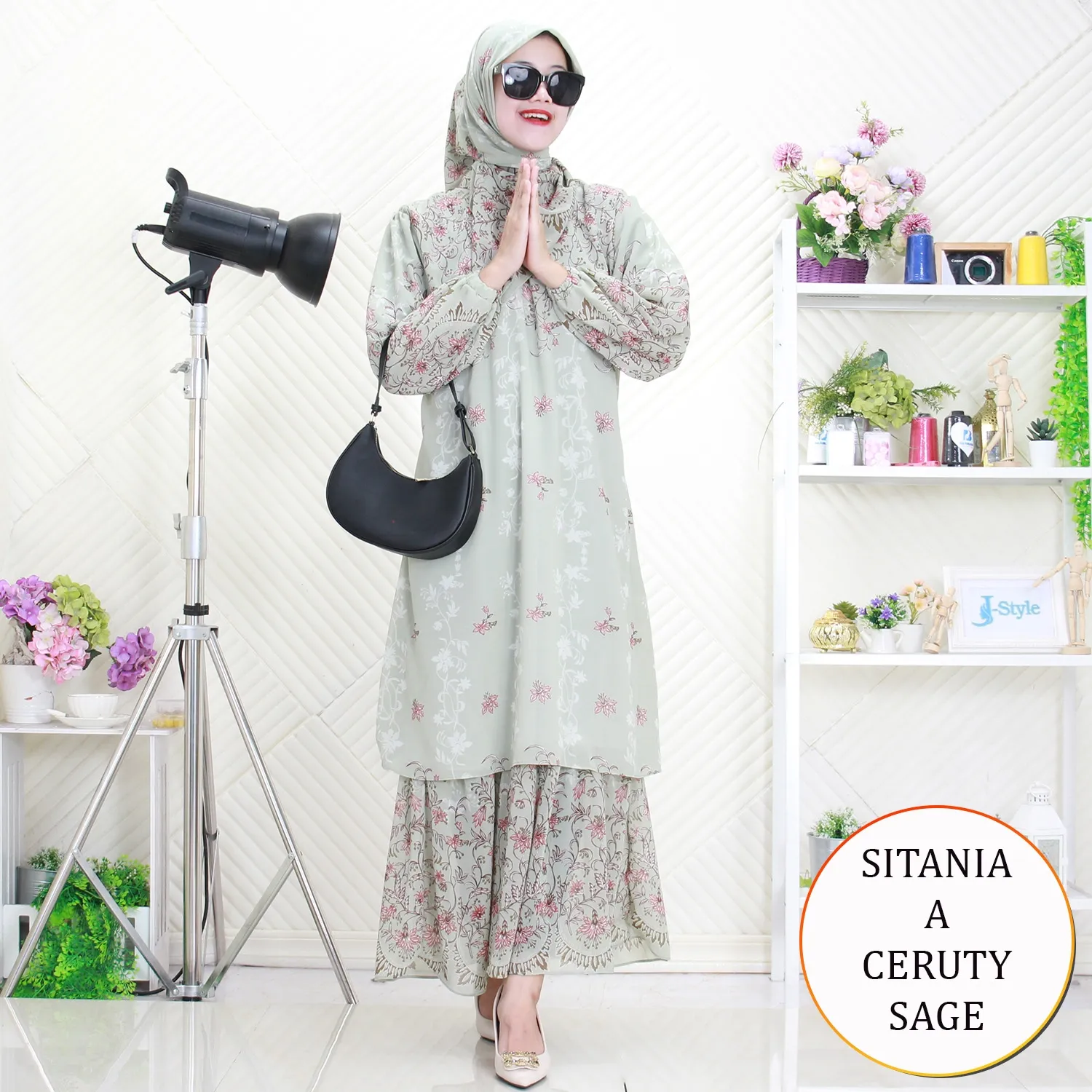 Sitania Gamis Ceruty Set Hijab Motif Printing Busui Kancing