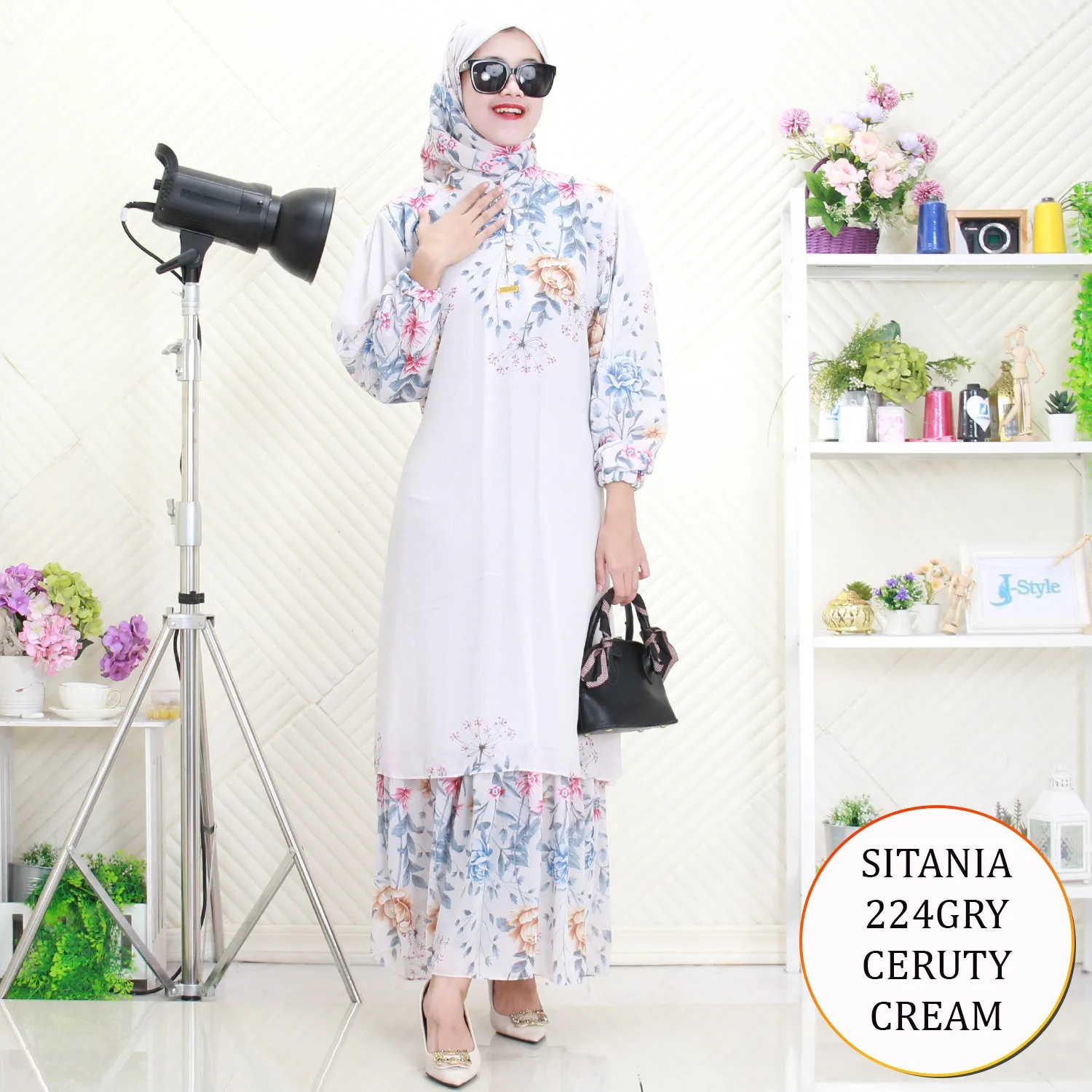 Sitania Gamis Ceruty Set Hijab Motif Printing Busui Kancing