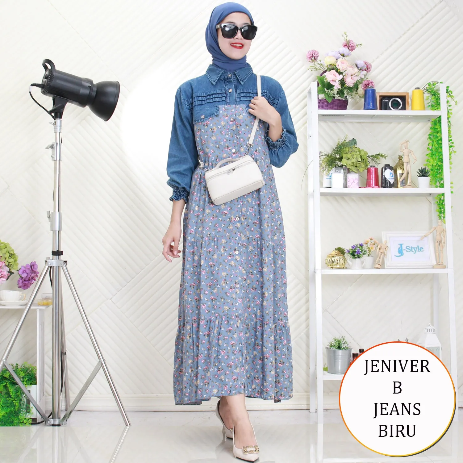 Jeniver Gamis Jeans Mix Katun Motif Bunga Lipit Depan Busui Friendly