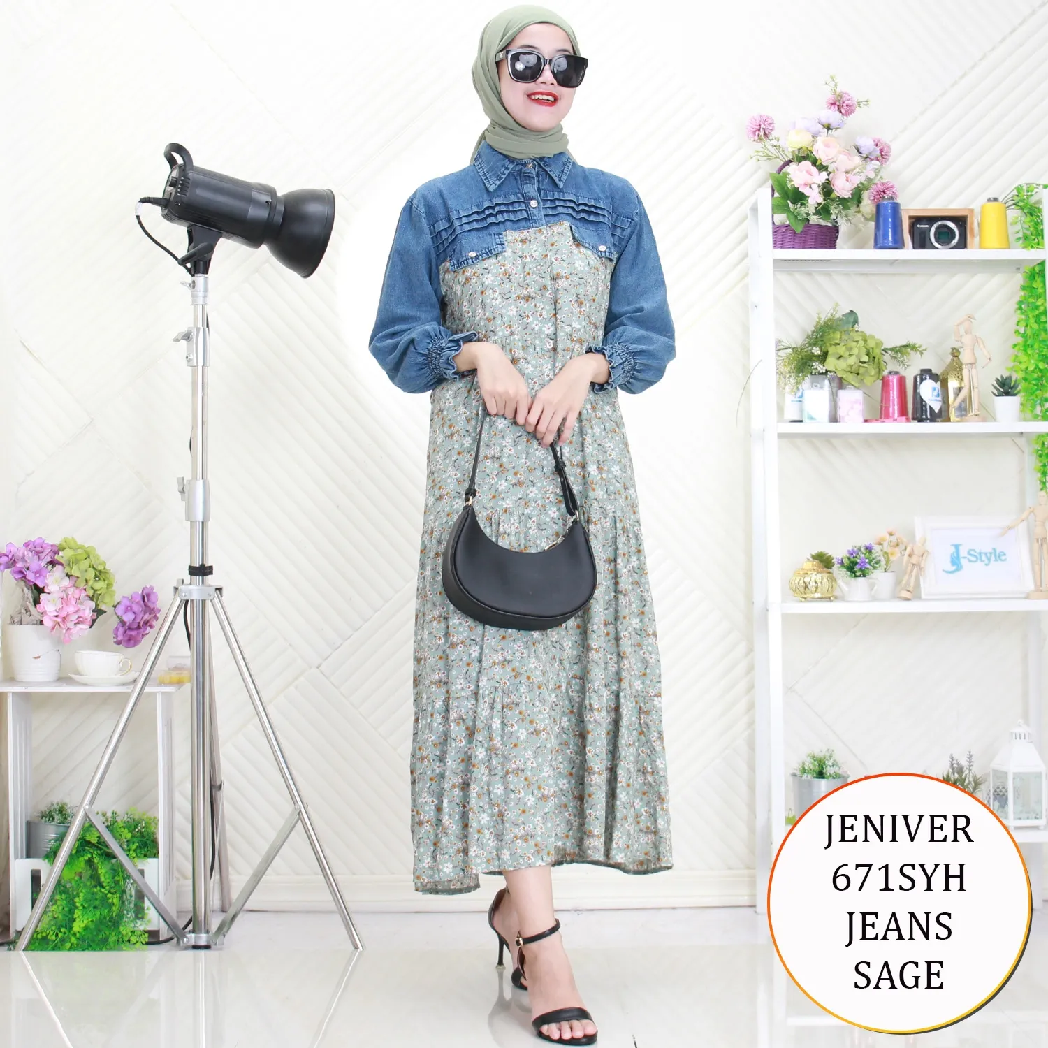 Jeniver Gamis Jeans Mix Katun Motif Bunga Lipit Depan Busui Friendly