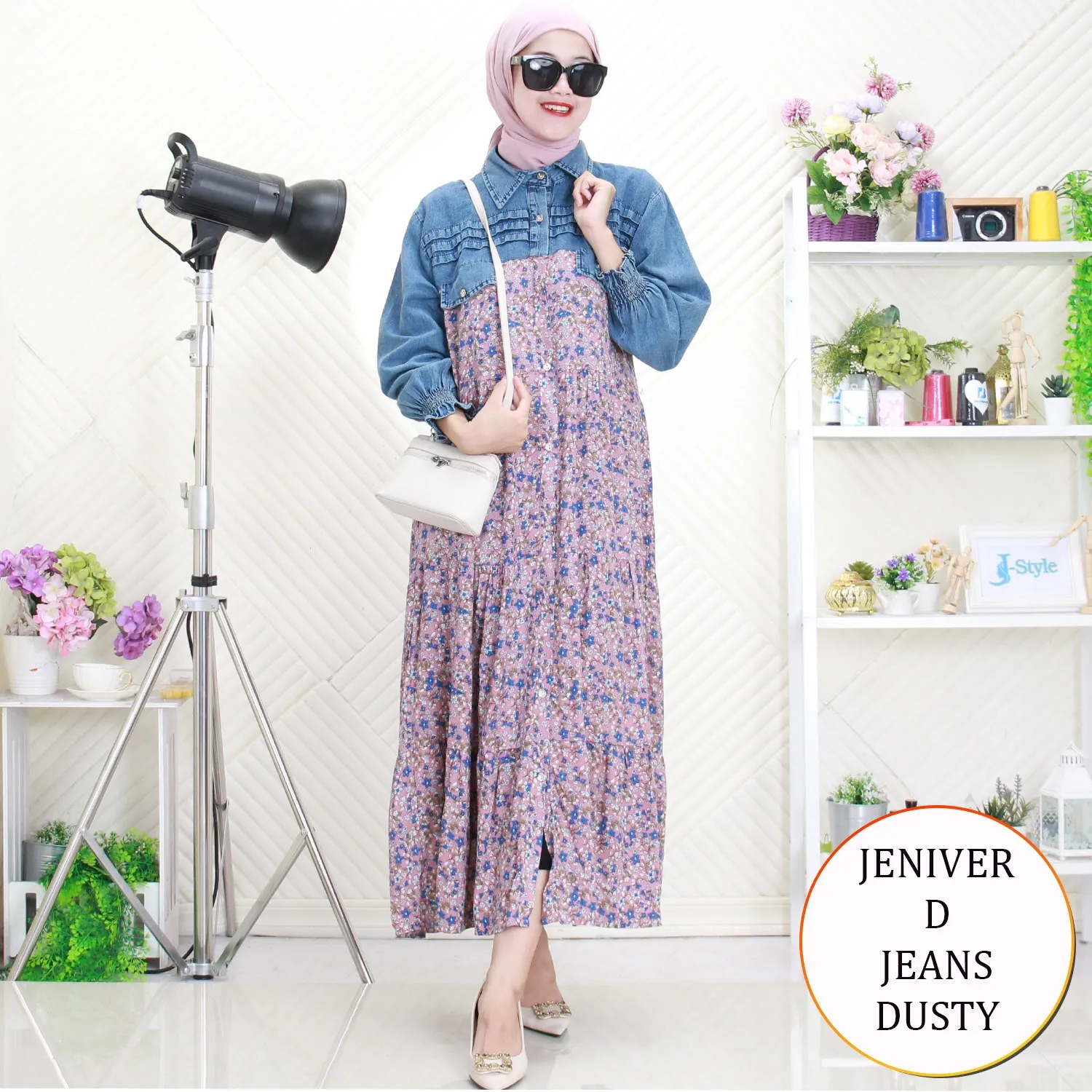 Jeniver Gamis Jeans Mix Katun Motif Bunga Lipit Depan Busui Friendly