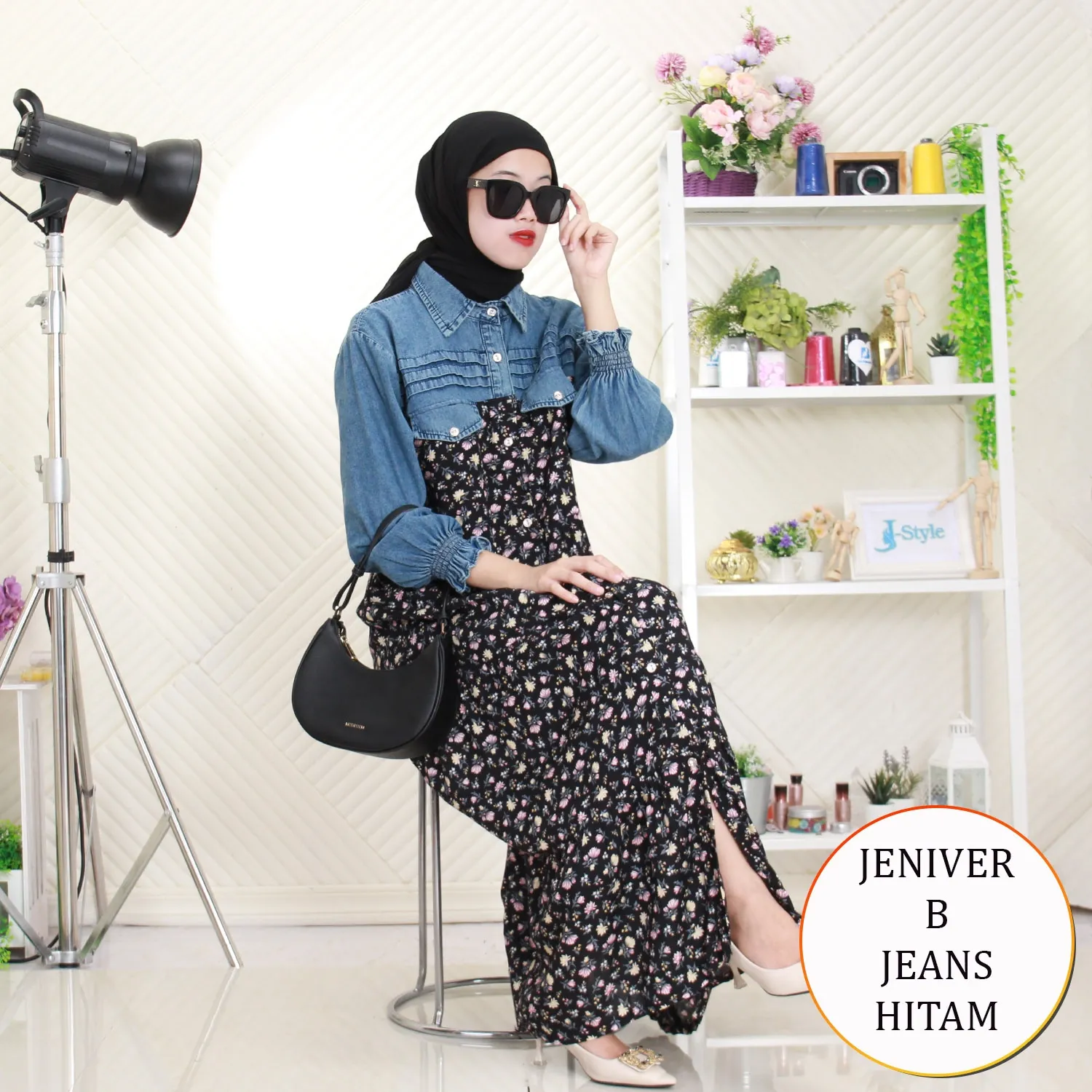 Jeniver Gamis Jeans Mix Katun Motif Bunga Lipit Depan Busui Friendly