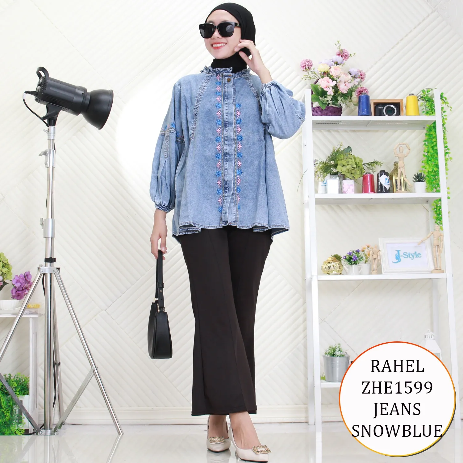 Rahel Kemeja Jeans Bordir Timbul Ful Kancing Kerah Rafel