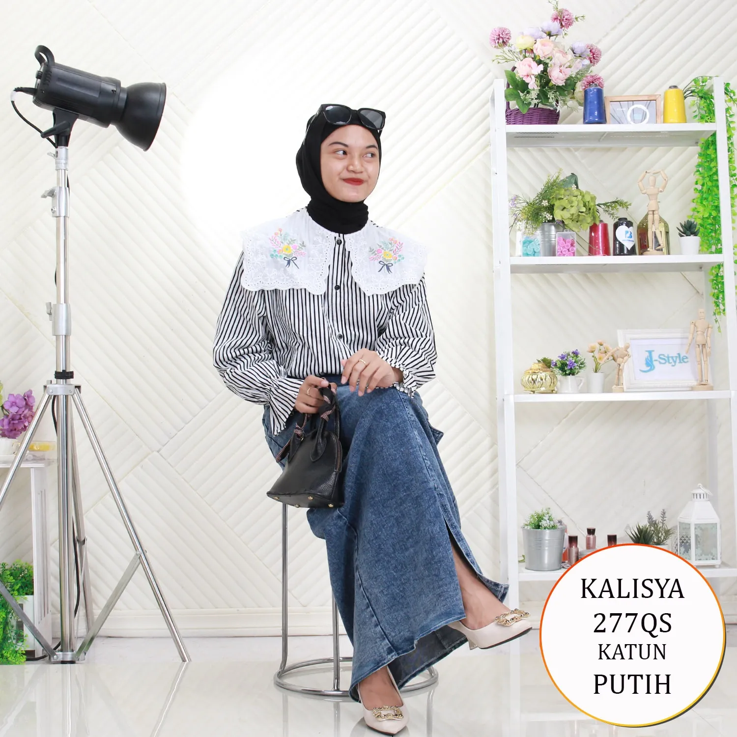 Kalisya Kemeja Blouse Katun Motif Salur Full Kancing