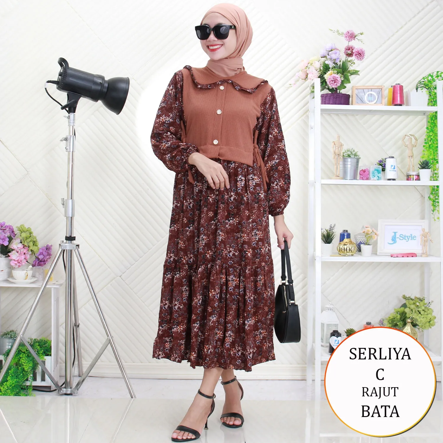 Serliya Midi Dress Rajut Mix Rayon Motif Printing Variasi Kancing