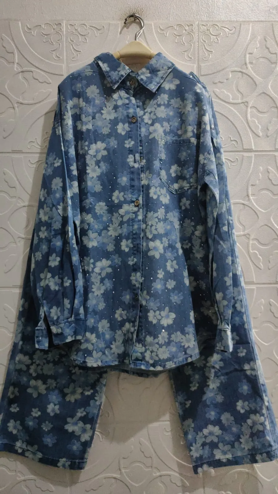 Clarinda Setelan Celana Wanita 2in1 Full Kancing Motif Jeans