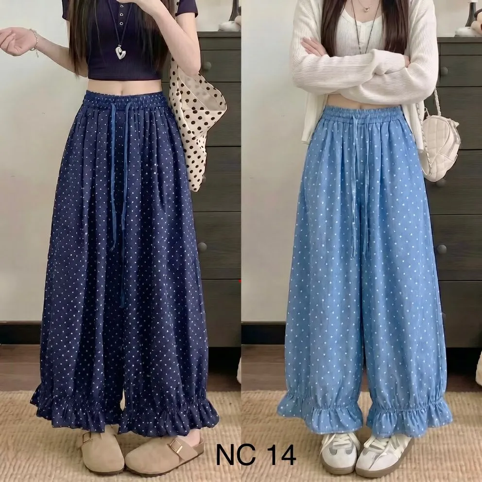 Naufera Celana Panjang Kulot Wanita Pinggang Karet Motif Polka Katun