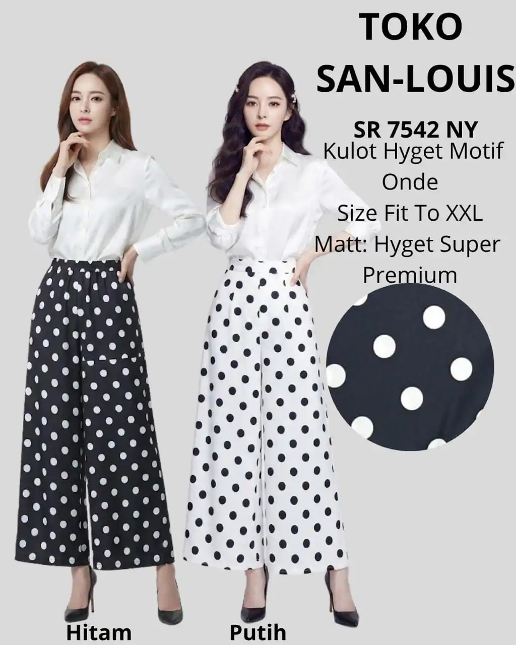 Anisada Celana Kulot Panjang Pinggang Karet Motif Polka Hyget