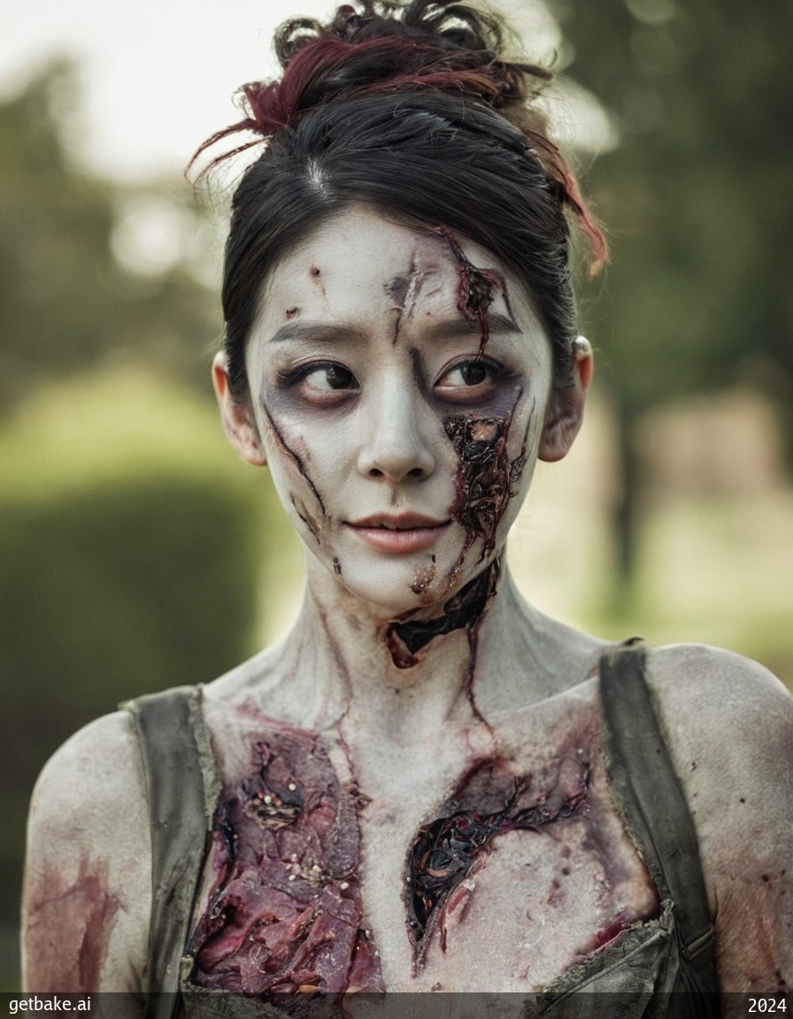 "a highly detailed photo of a person wearing zombie makeup ..."