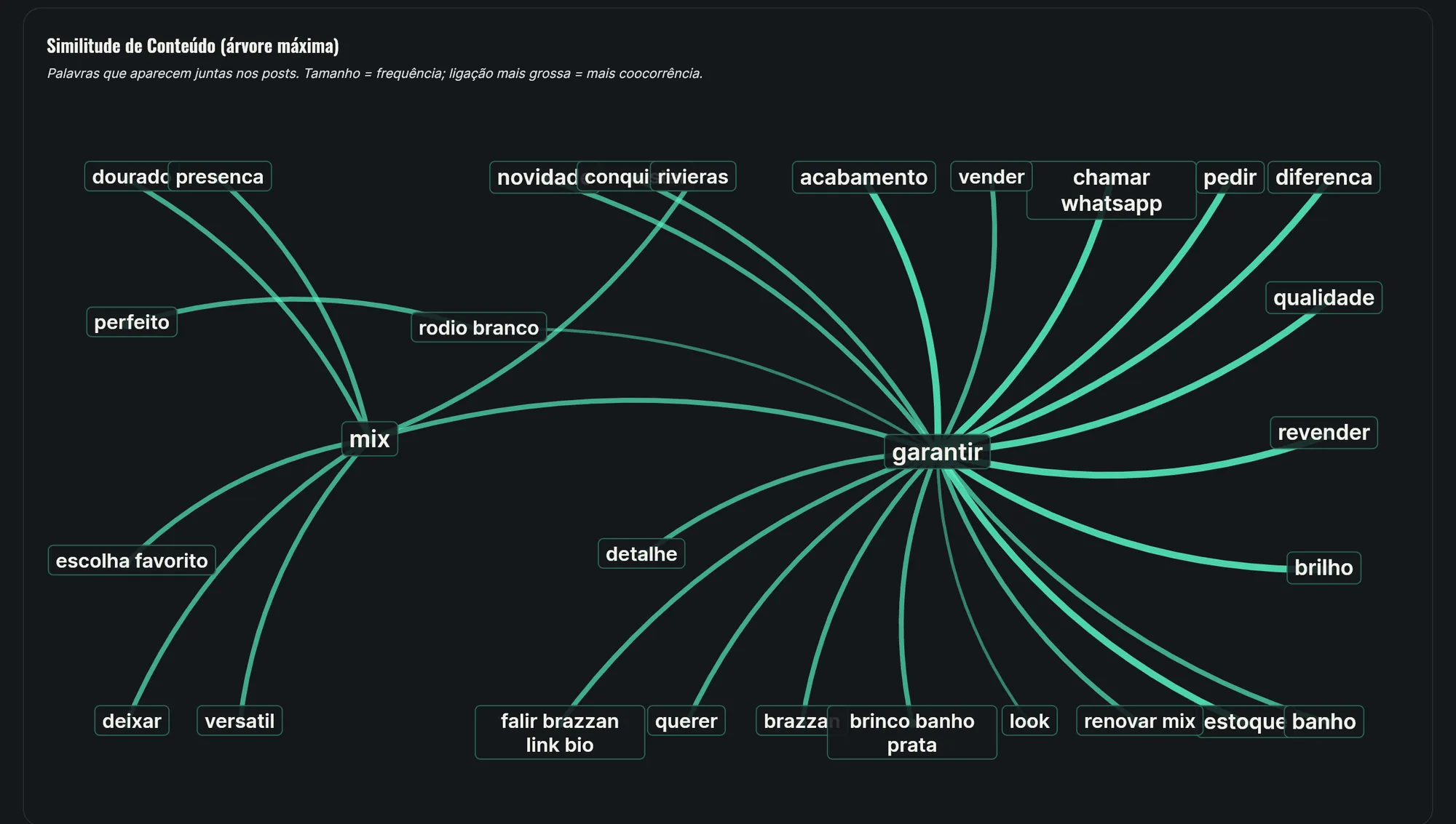 Print do BAM-MKT: mapa de similitude mostrando quais palavras aparecem juntas nos posts