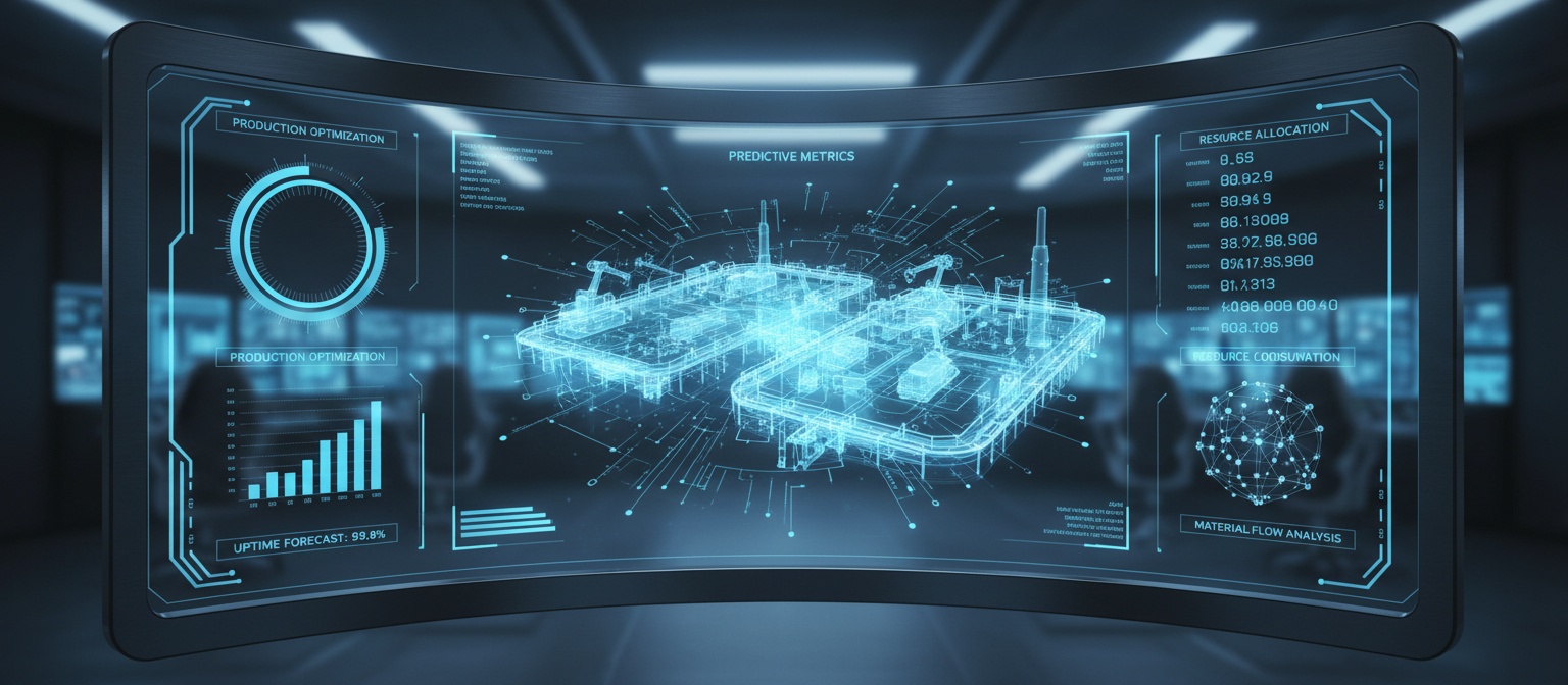 Command center dashboard with factory floor analytics and predictive metrics