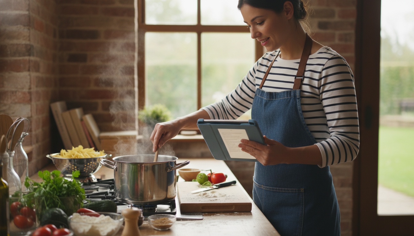 Woman using iPad in kitchen