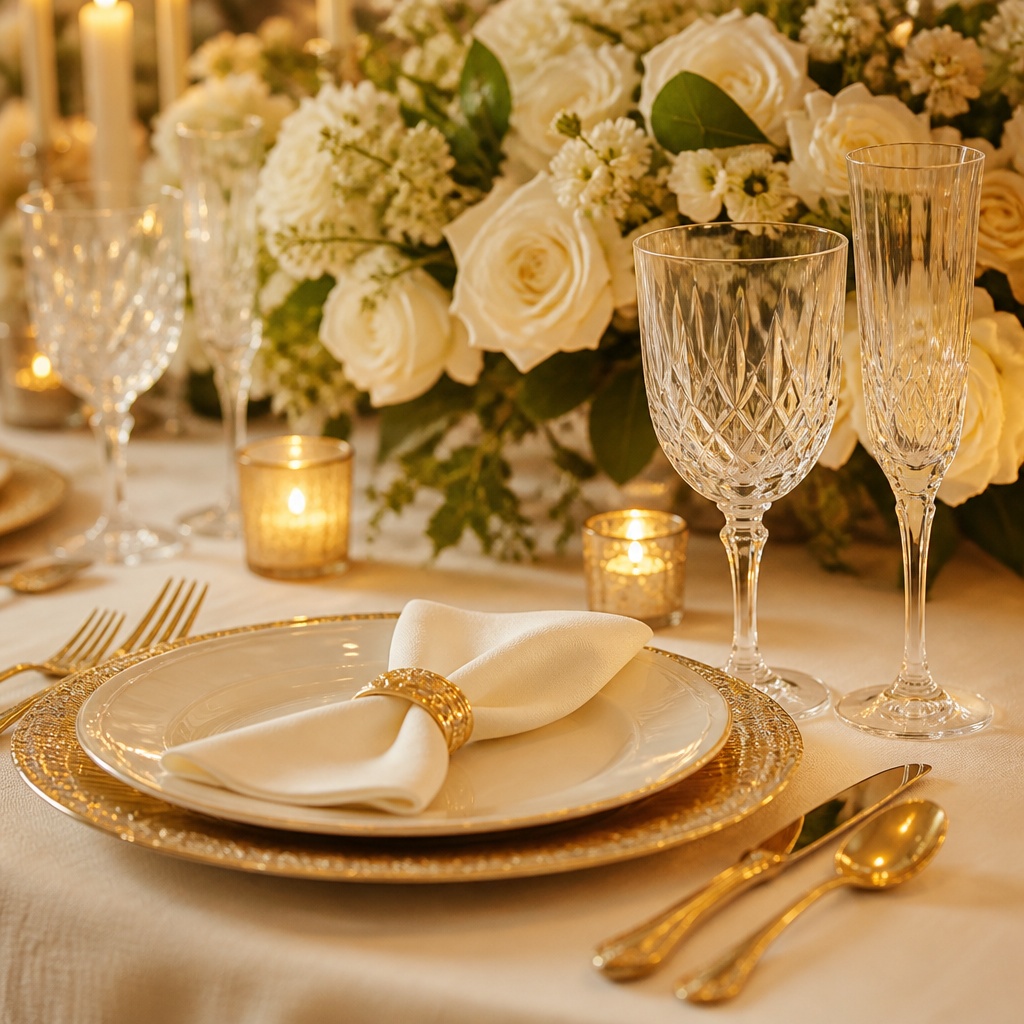 Close-up of luxury wedding table setting