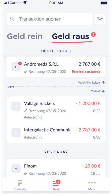 Finom mobile screenshot: Overview of transactions