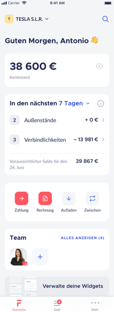 Finom mobile app: Home screen & total deposit