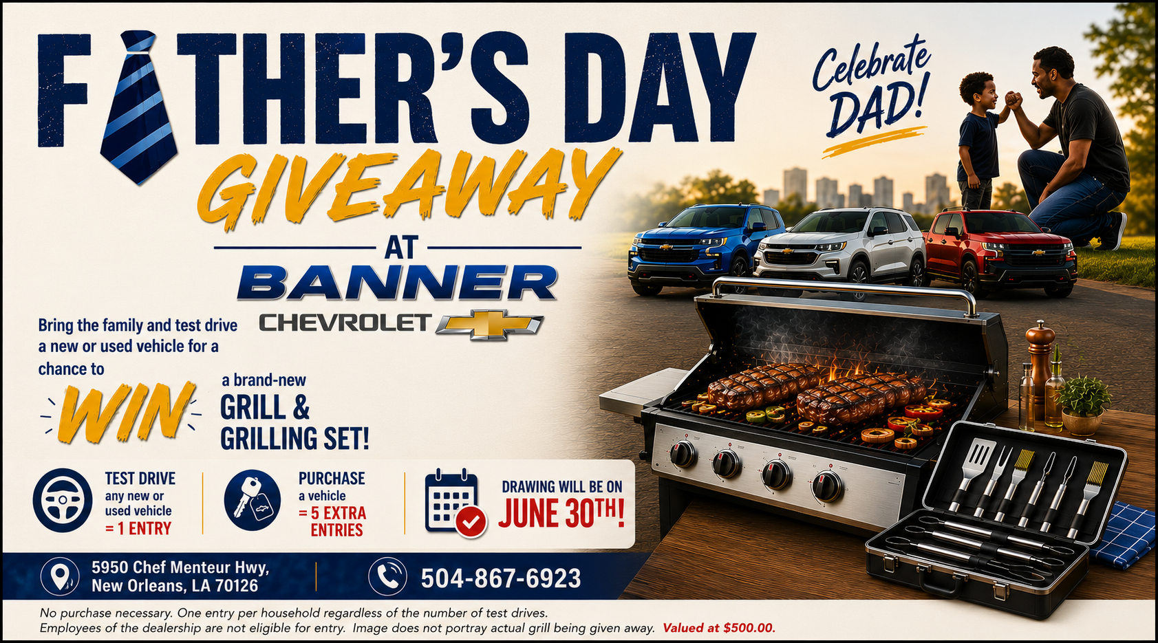 Father's Day Giveaway at Banner Chevrolet - test drive to win a grill and grilling set, drawing June 30th