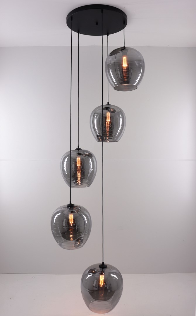 Videlamp / hanglamp 5 rookglas hangers 380cm 50020 Videlamp / hanglamp 5 rookglas hangers 380cm 50020