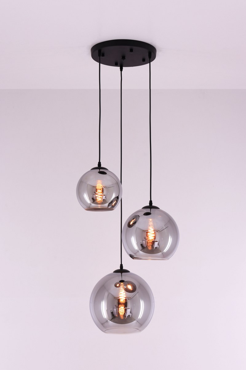 deze geur alliantie Hanglamp 3lichts - rond - smoke rookglas bollen