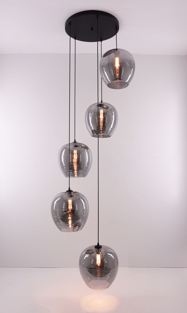 Videlamp / hanglamp 5 rookglas hangers 380cm 50020 Videlamp / hanglamp 5 rookglas hangers 380cm 50020