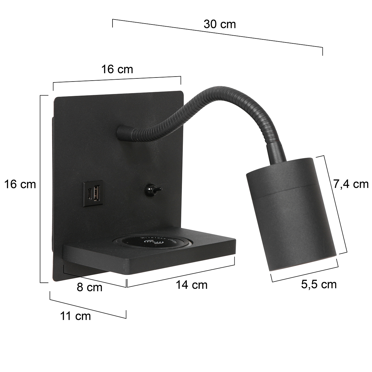 Wandlamp zwart met draadloze telefoonlader 44978 Wandlamp zwart met draadloze telefoonlader 44978